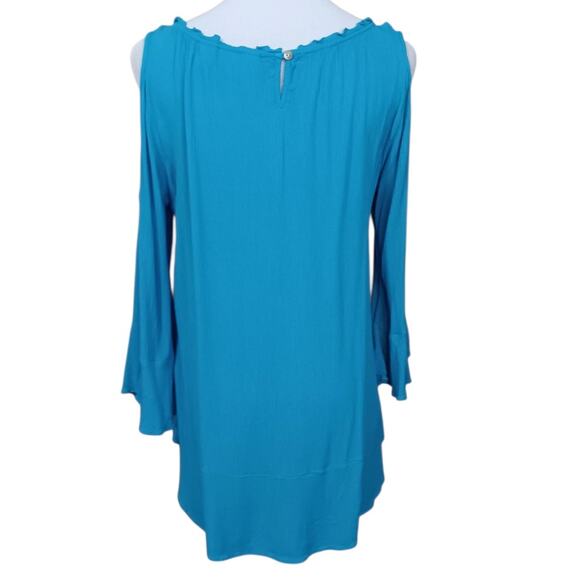 CHICO'S 1 Crinkle Gauze Top Blouse‎ M Turquoise Blue Cold Shoulder Flare Sleeve - Picture 3 of 10